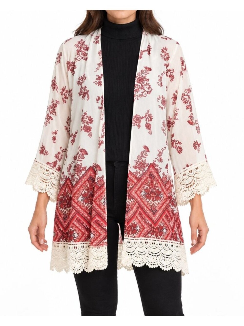 Altar'd State Kimono Womens S Ivory Burgundy Floral Crochet Lace Sheer Boho
